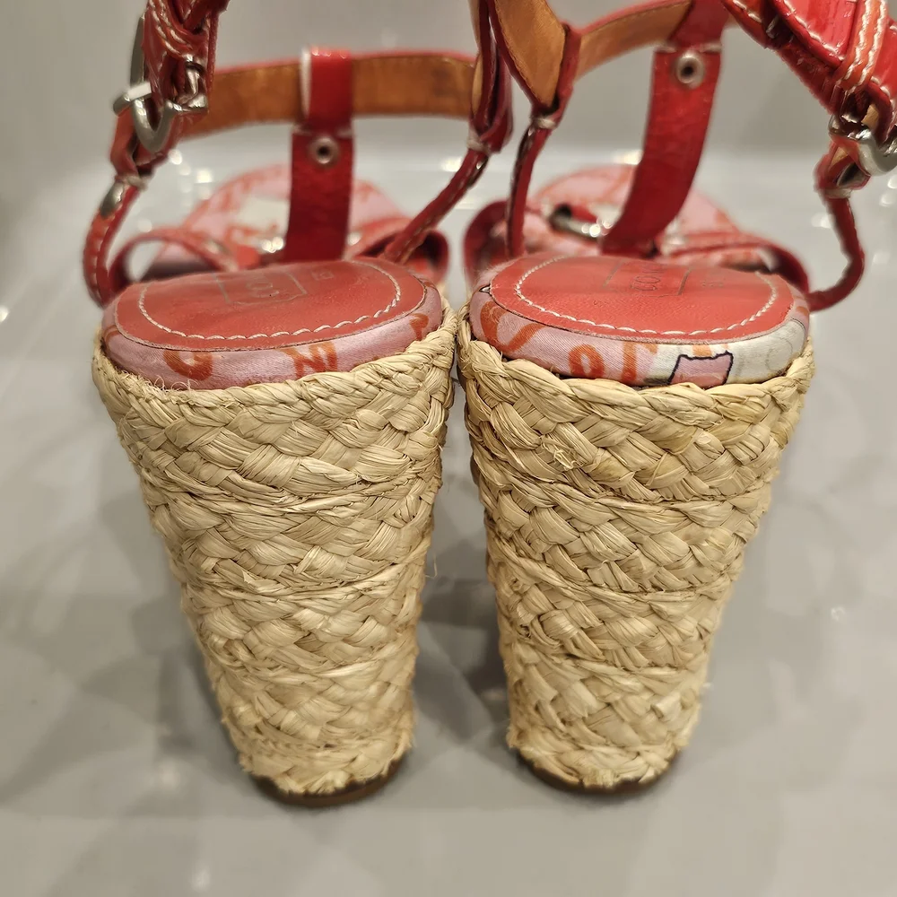 COACH Red Wedge Espadrille Sandals